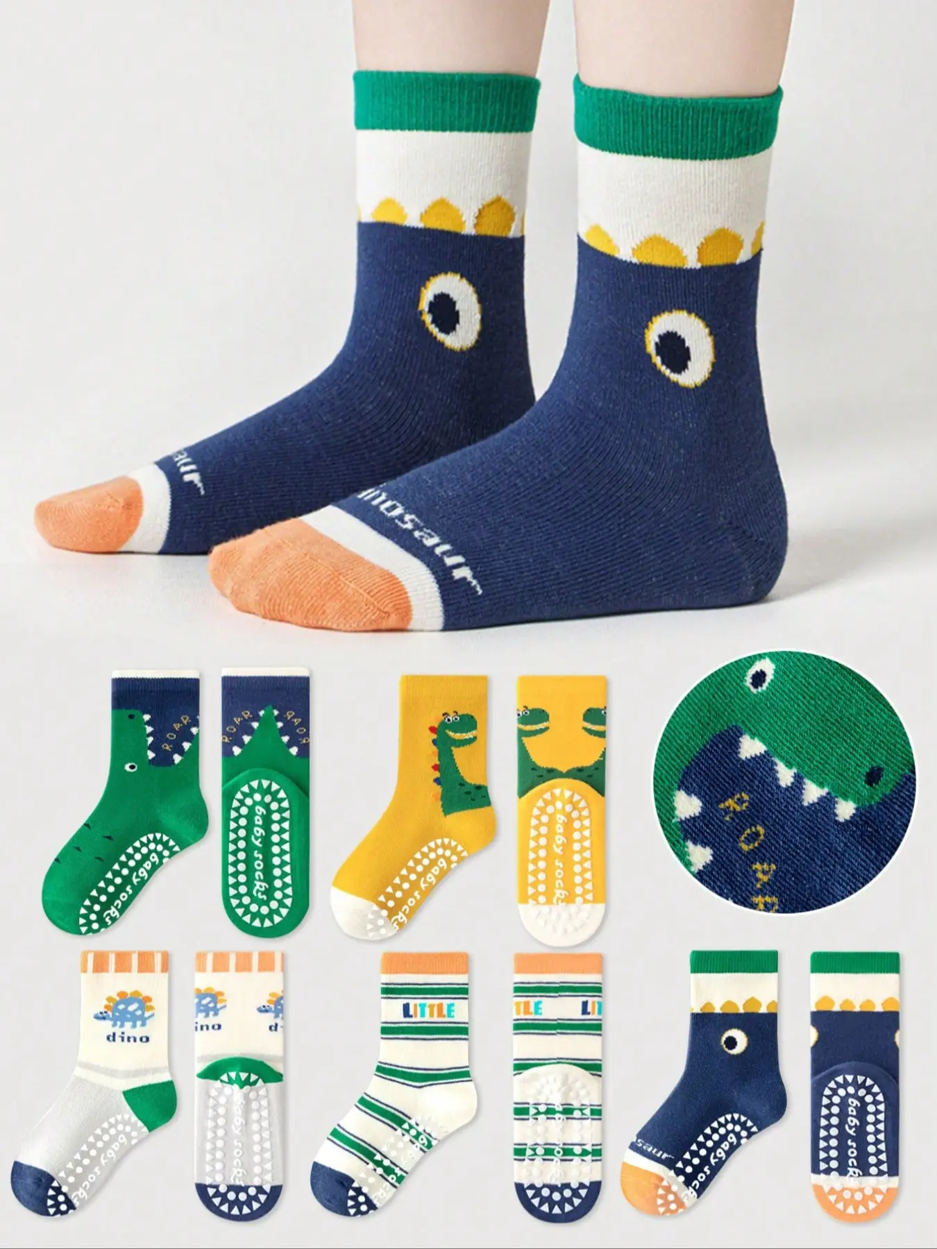 5 Pairs Kids Floor Socks Playful Cartoon Dinosaur Design Pattern, Children Animal Socks, Soft Sole Non-Slip Mid-Calf Socks for Boys & Girls, Indoor Casual Use