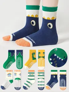 5 Pairs Kids Floor Socks Playful Cartoon Dinosaur Design Pattern, Soft Sole Non-Slip Mid-Calf Socks for Boys & Girls, Indoor Casual Use
