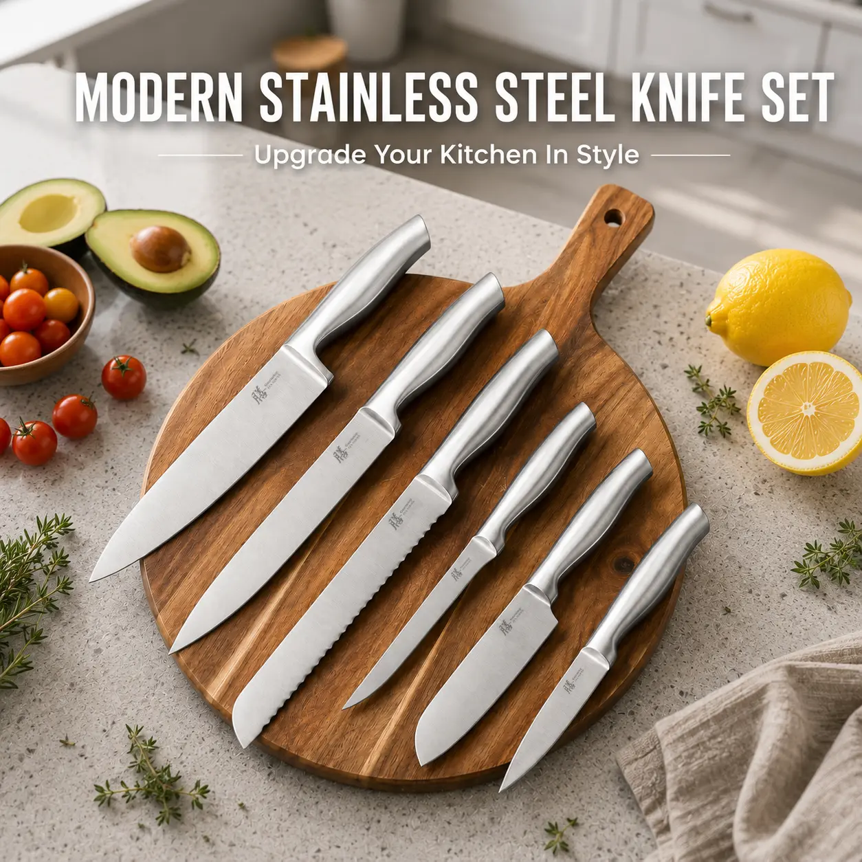 6-Piece All Stainless Steel Kitchen Knife Block Set - Seamless 1-Piece, Ergonomic Design with Chef, Bread, Santoku, Boning, Slicing & Utility Knives, Durable for Modern Home & Apartment Kitchens Everyday Cooking-B