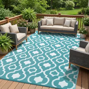 Outdoor Rug Large Area Rug for Patio, Reversible Plastic Straw Deck Rug, Waterproof Weather Resistant Outside Rug for Backyard Porch Garden, Blue/White