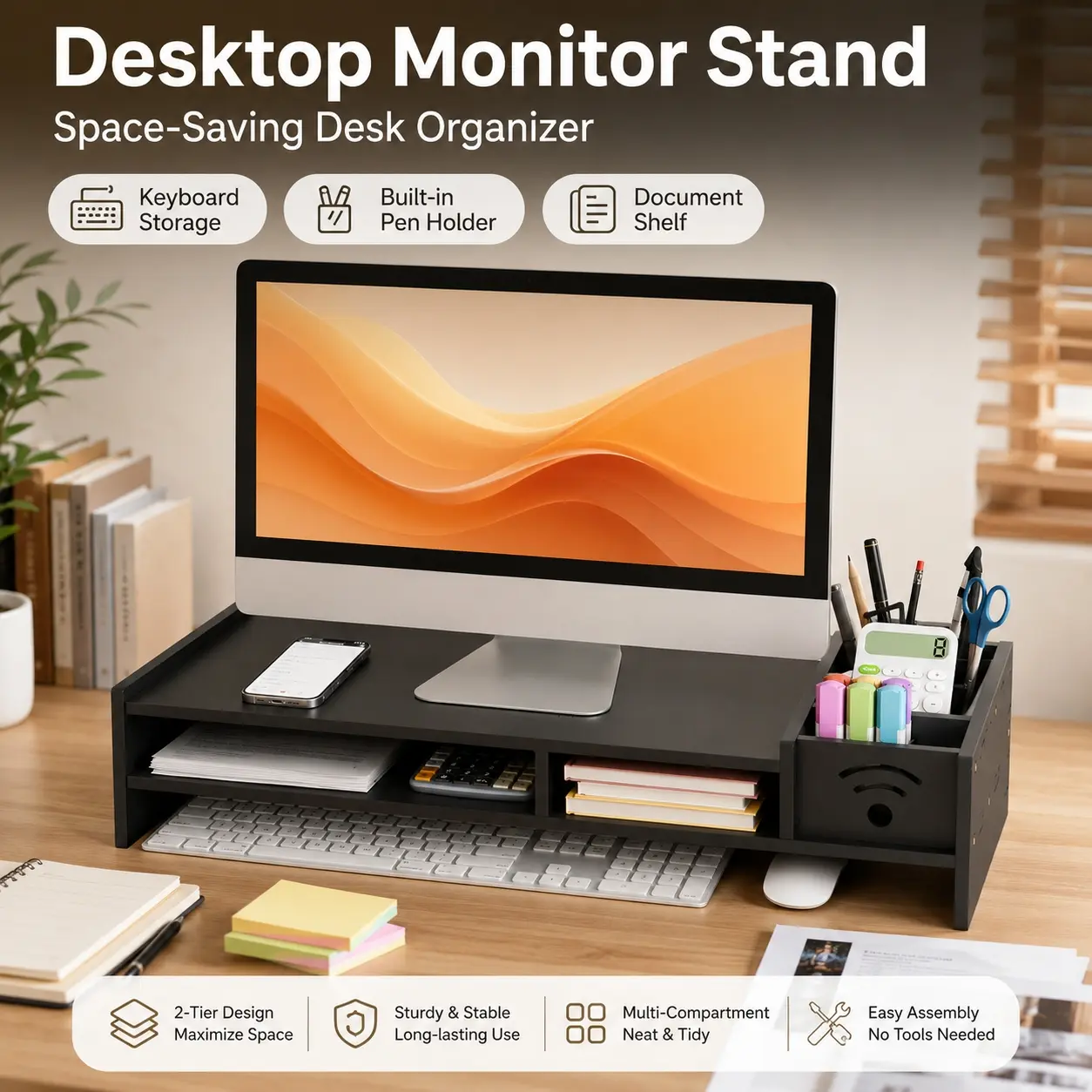Desktop Computer Riser Monitor Stand Screen Base Holder, 2-Tier Desk Shelf with Storage Organizer, Adjustable Height Keyboard Tray, 2 Tier Ergonomic Shelf 4.3 Inch Height Desk Organizer for Home Office, Wooden Monitor Stand Riser, Monitor Risers