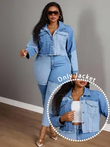 Plus Size Women's Colorblock Washed Denim Long Sleeve Jacket Jean Jackets, Casual Fashionable Outerwear, Lady Womenswear, Comfortable and Stylish, Perfect for Daily Wear