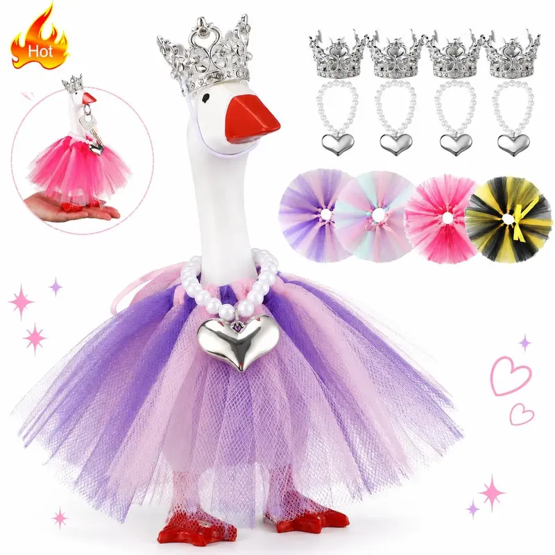 4-Set Cute Durable Princess Mini Desk Duck Statues with Rhinestone Tiara, Adjustable Necklace, Tutu Dress, 7in Magnetic Heart Key Holder, Role Play Accessories, Holiday DIY Toy Decoration Keychain, Kids’ Gifts