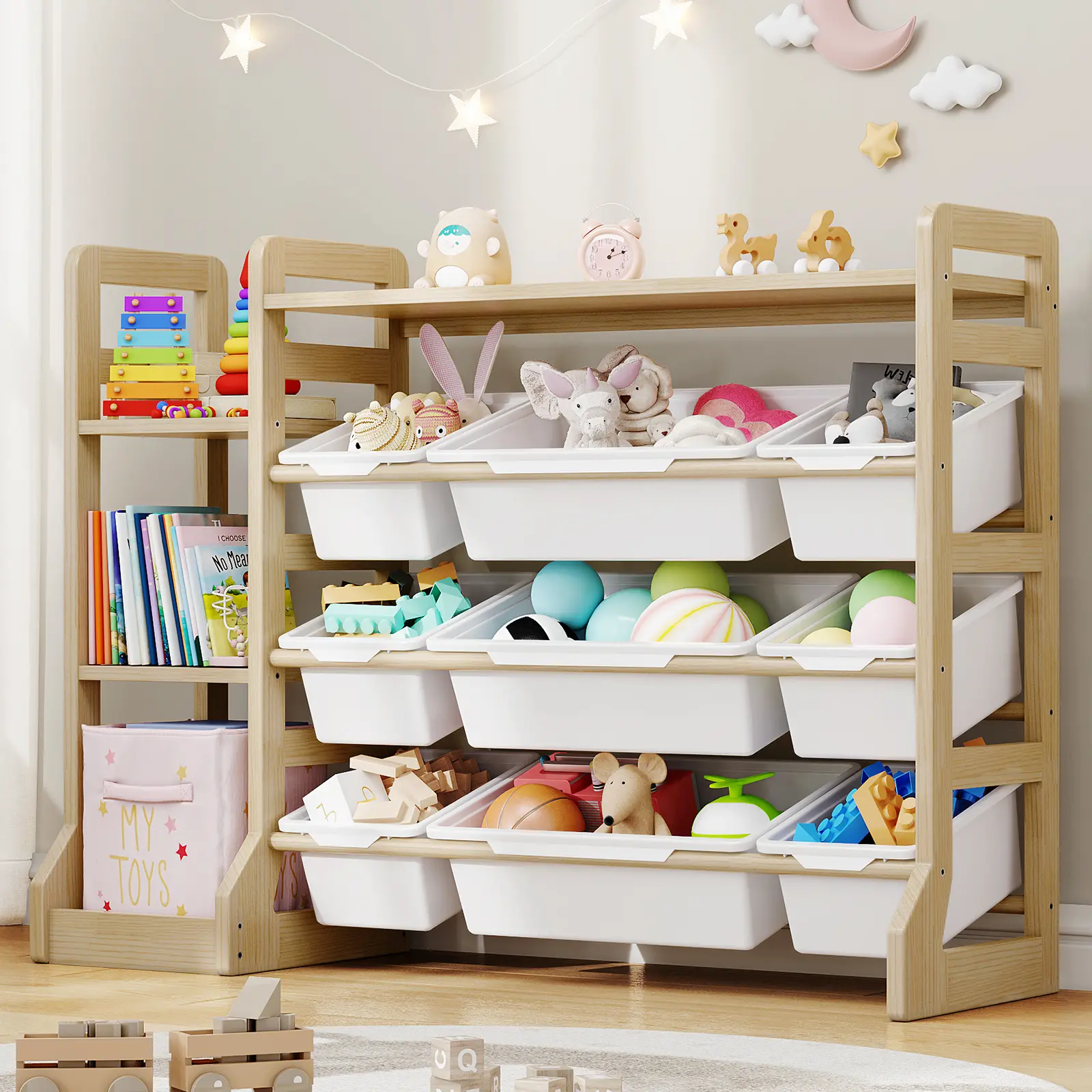 Toy Storage Organizer with Bookshelf, Kids Toys Shelf Box Wooden Bookcase, Extended Base for Playroom Organization Kids Rooms Nursery Bedroom Decor