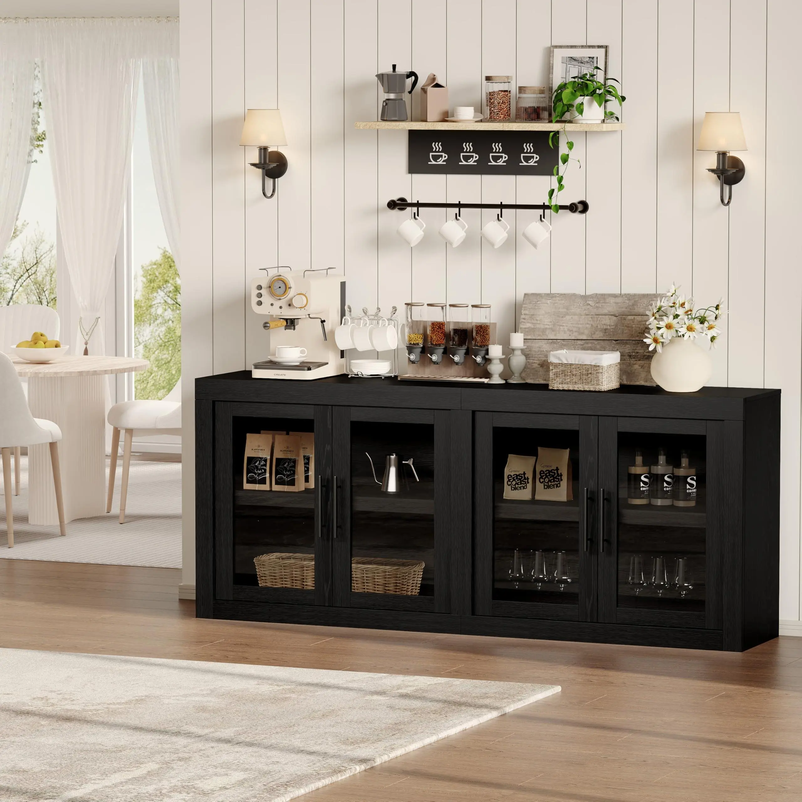 70.8 in Sideboard Buffet Cabinet with Storage, Mid Century Modern Accent Cabinet with 4 Glass Doors, Wood Coffee Bar Media Console Credenza for Living Room, Kitchen, Hallway, Black