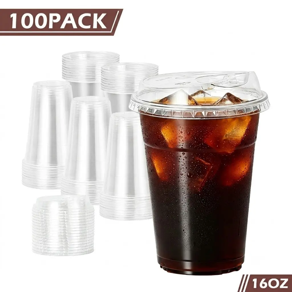 100-Pack BPA-Free Recyclable PET Clear Plastic Strawless Sip Lid Tumblers, 16/20/24oz Leak-Proof Disposable To-Go Cups for Iced Coffee, Parties
