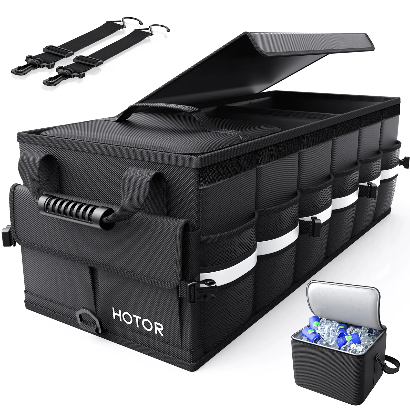 Car Trunk Organizer 3 Compartments Medium Size, Black Foldable Storage Box with Lid and Insulated Cooler Bag, Durable Car Storage Organizer for SUV Truck, Keeps Groceries, Tools and Essentials Neat and Secure in Vehicle Trunk