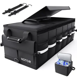 Car Trunk Organizer 3 Compartments Medium Size, Black Foldable Storage Box with Lid and Insulated Cooler Bag, Durable Car Storage Organizer for SUV Truck, Keeps Groceries, Tools and Essentials Neat and Secure in Vehicle Trunk