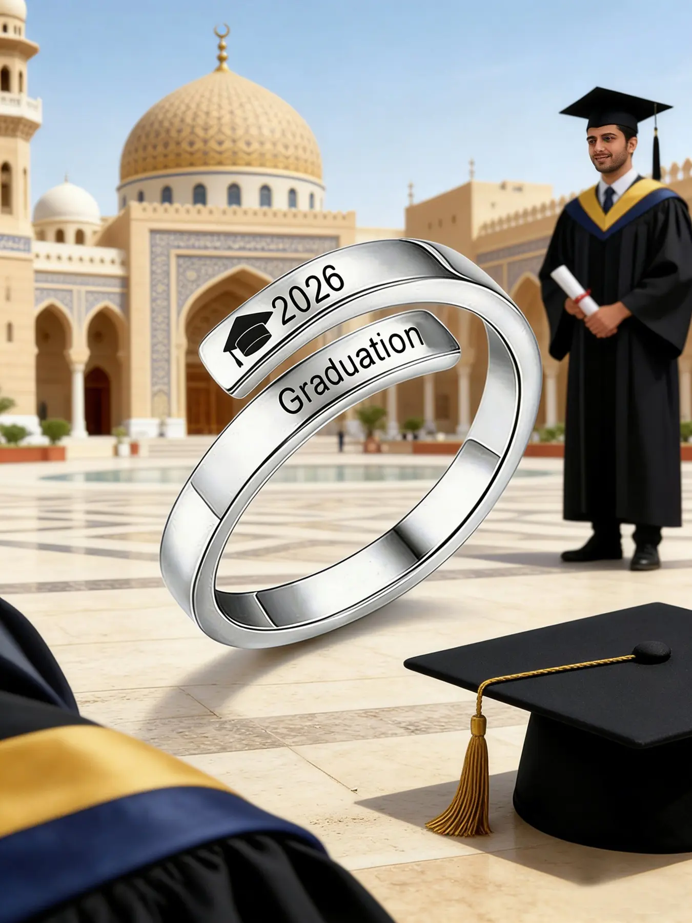 Class of 2026 Graduation Cap Commemorative Ring, Stainless Steel Rings, Durable Adjustable Wrap Ring for Women & Men, Graduation Jewelry Gift