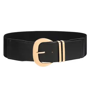 JASGOOD Women Wide Elastic Waist Belt for Dresses Fashion Gold Buckle Stretchy Leather Waistband for Ladies