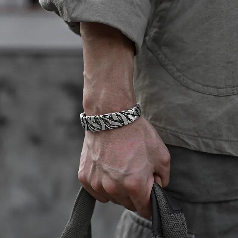 Men‘s Vintage Wide Silver Twisted Bracelet Retro Jewelry Adjustable Wrist Cuff Bangle Punk Bracelet Gift