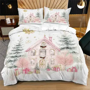 Dreamy Pink Christmas Snow House Duvet Cover Set (with 1-2 Pillowcases), Recommended Christmas Gift, Stylish Bedding Brings Classic Festive Vibes, Bedroom Bedding Set