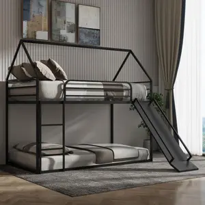 ANWICK  Twin over Twin House Bed with Slider, ladder and Triangle Roof Dorm Modern