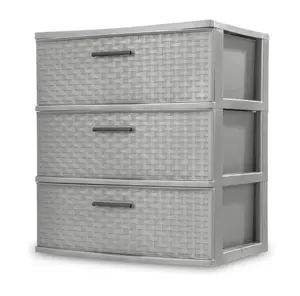 3 Drawer Wide Weave Tower Plastic Decor Drawers with Pull Handles Light Gray Storage Unit