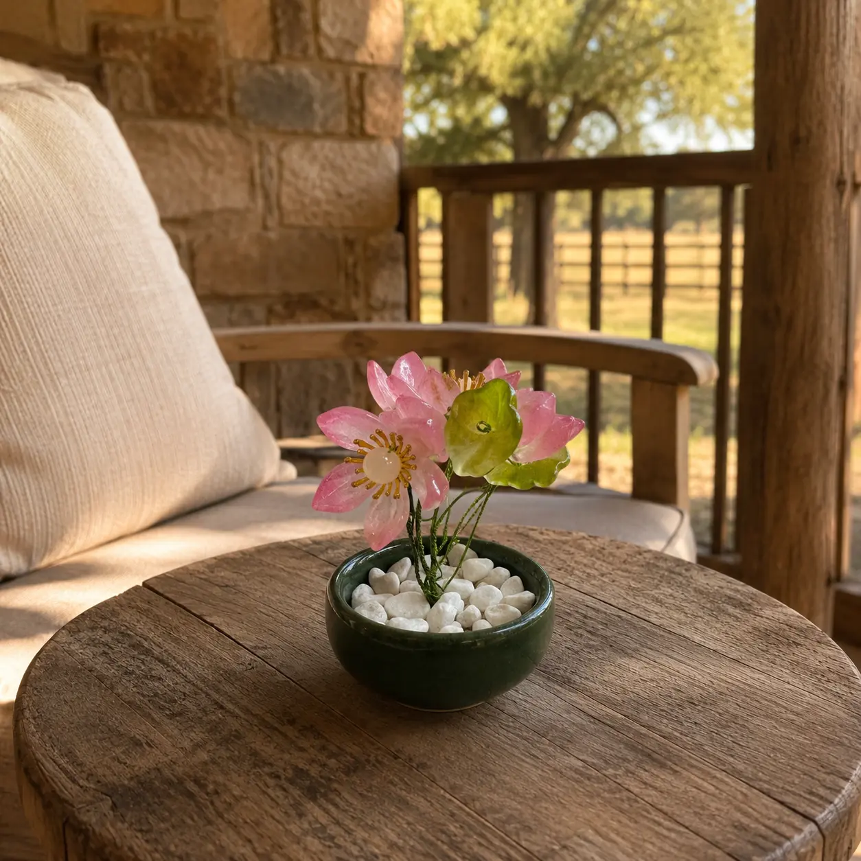 1PC Minimalist Pink Lotus Flower Ornament - Mini Crystal-Style Floral Tabletop Decor, Round Green Ceramic Bowl with White Stones, Decorative Entryway Room Decor for Meditation Space, Housewarming Gift