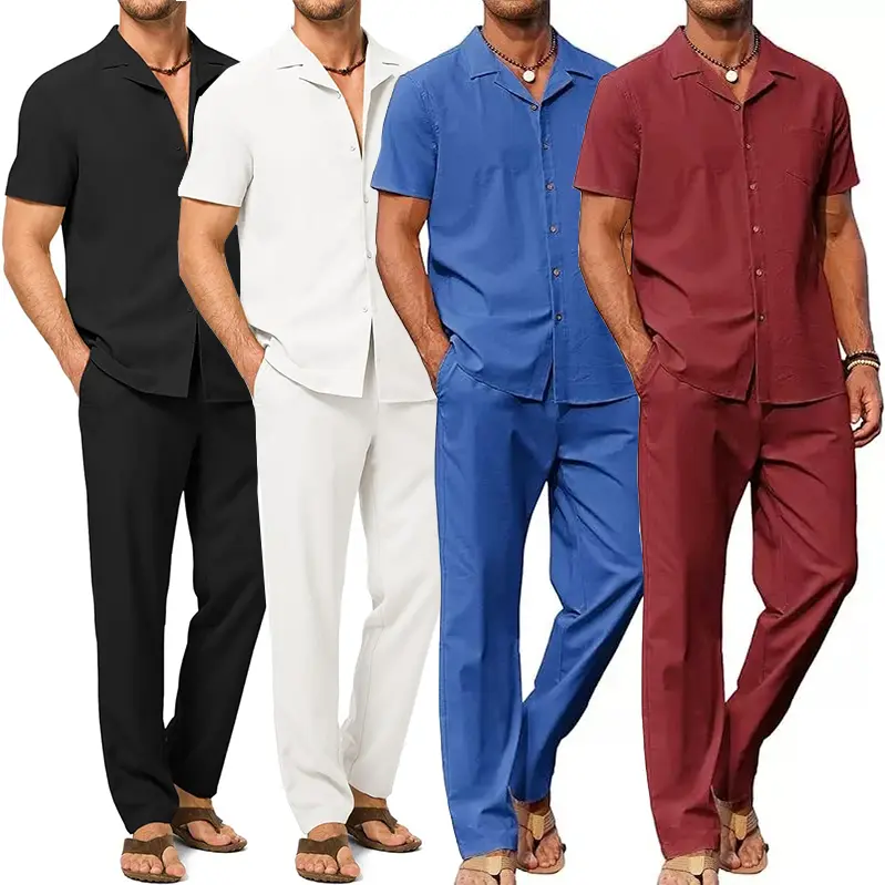 Men’s two-piece set: short-sleeve shirt + long pants, lightweight and breathable, Cuban collar design, casual beach vacation summer outfit; men’s summer coordinated set suitable for everyday wear, weddings, parties, and travel.Waist measurement: Stretch t