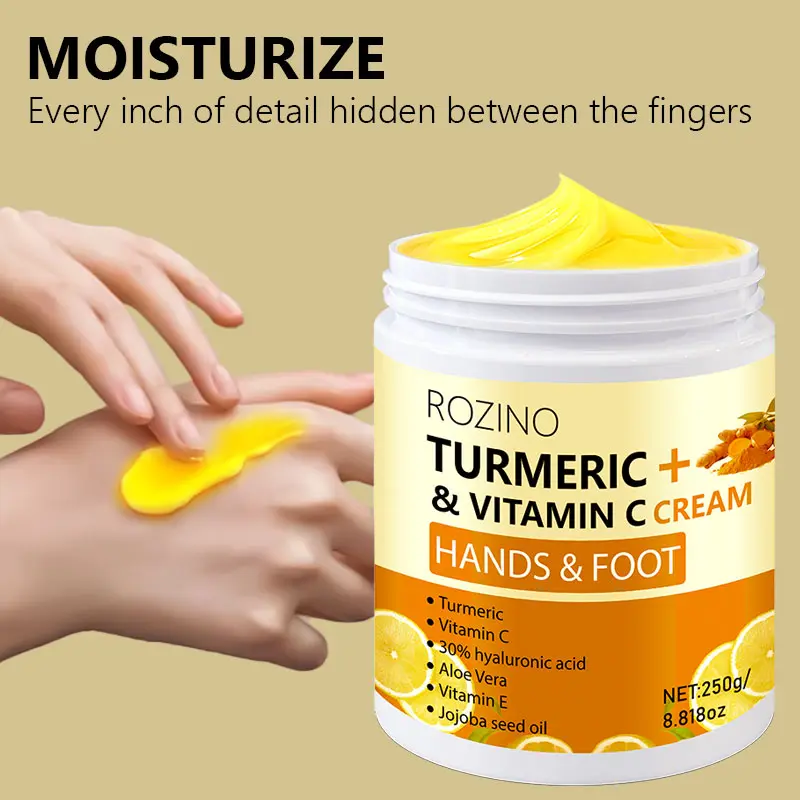 ROZINO Turmeric Hand & Foot Firming Cream, moisturizing, anti-wrinkle firming lift, smooths wrinkles, improves fine lines on face and neck, helps relax sagging skin, contains turmeric, vitamin C, vitamin E, hyaluronic acid, #tiktokshopbacktoschool