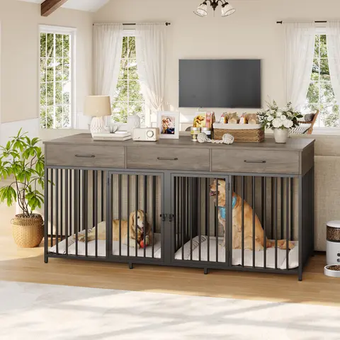 【2 package-shipping 】HOSTACK Double Dog Crates Furniture, 71" Wide Indoor Dog Kennel with 3 Drawers, Farmhouse Dog Cage for 2 Large/Medium Dogs with Removable Divider, Wooden Pet House