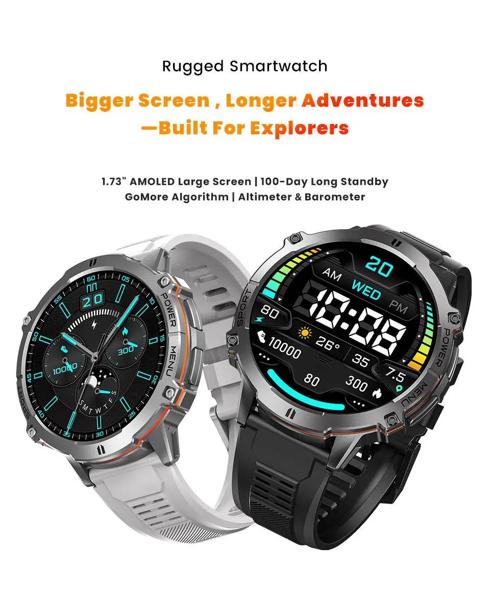 LEADOYS 100Days Standby Time Outdoor Rugged Smart Watch for Men, 1000mAh Battery, Compass Altitude and Barometer for Outdoor Activity, Running Climbing Wearable Watch for Men with Stainless Steel Strap Dual Strap