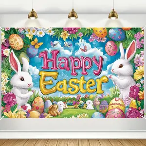 1PC Vibrant 2D Flat Happy Easter Backdrop Cloth, Rabbit & Easter Eggs Themed Banner, Photo Booth Decoration, Ideal for Indoor & Outdoor Parties, New Year Celebration Supplies