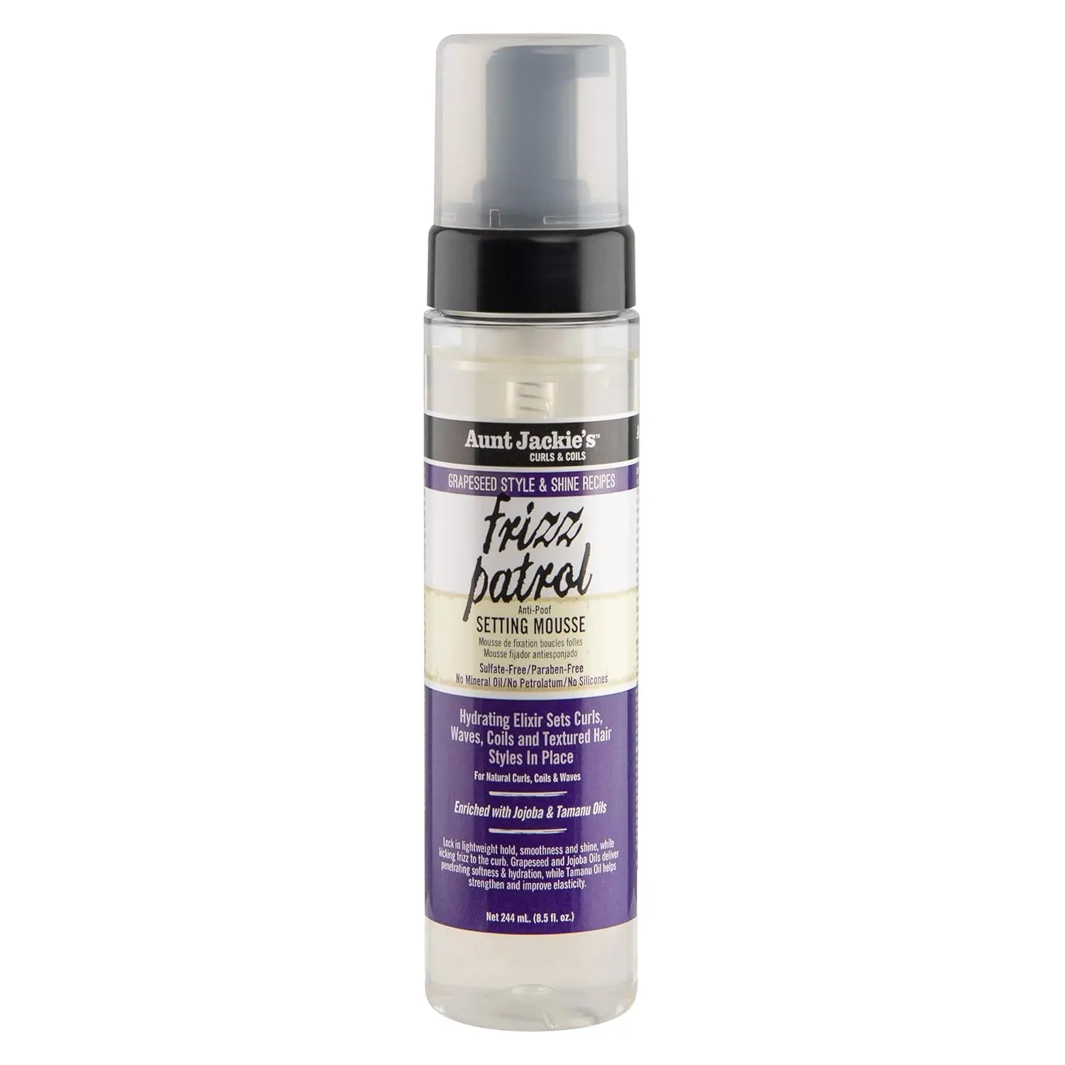 Aunt Jackie's Grapeseed Style and Shine Recipes Frizz Patrol Anti-Poof Setting Hair Mousse, Sets Curly Hair Styles in Place,Purple Fl.Oz 8.5 Ounce