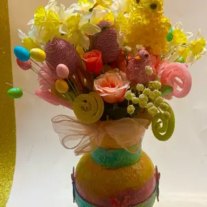Easter Flower Arrangement with Hand Painted Vase, Sparkling Multicolored Design, 14 Inches in Length