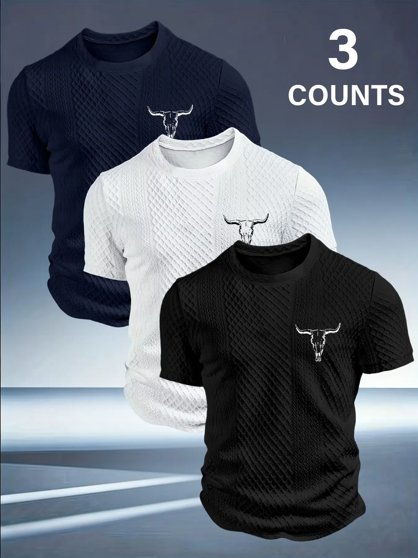 Men's Summer Casual Classic Textured Round Neck T-Shirt, Simple Animal Cow Head Pattern Design, Breathable Comfort, Multiple Colors Available