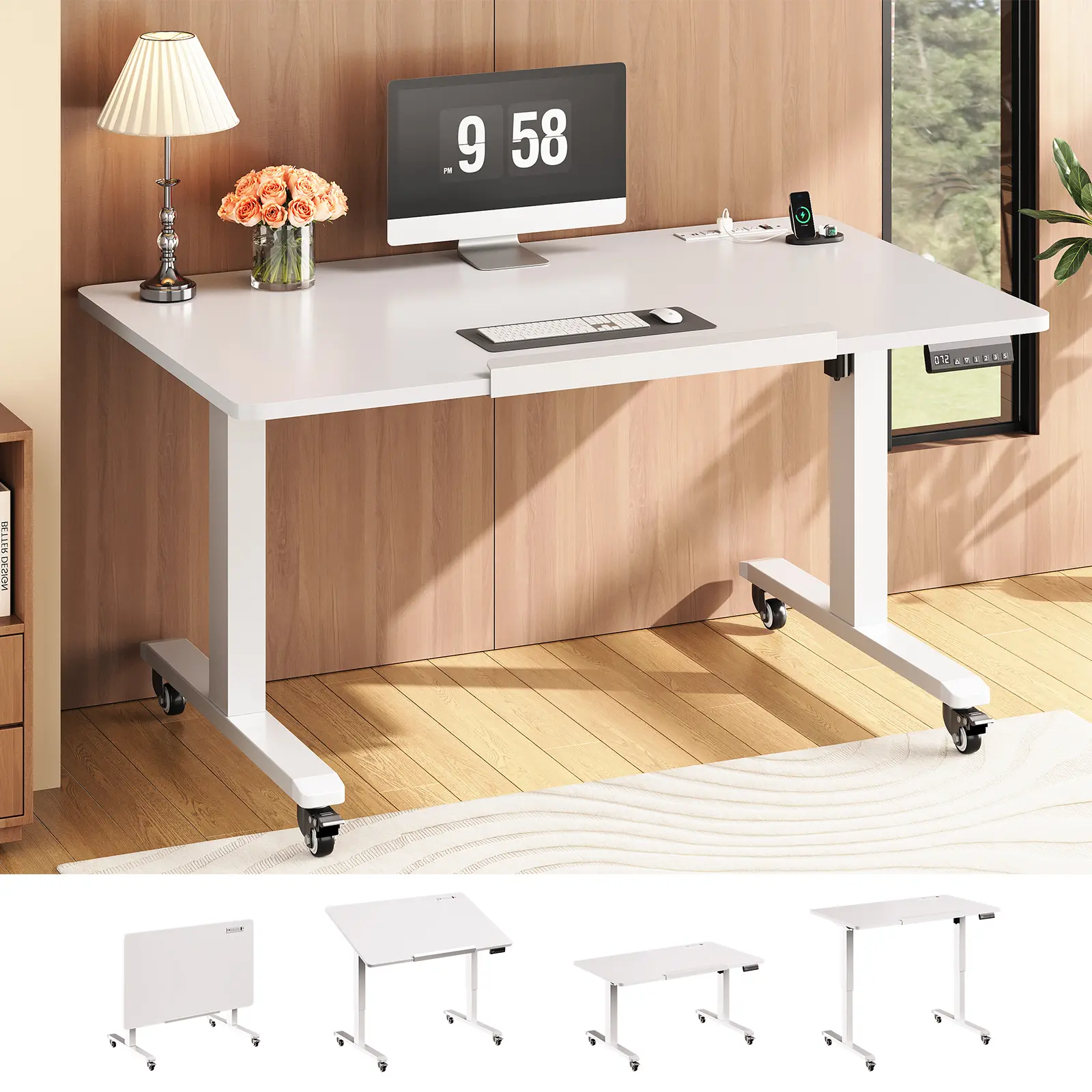 Sedeta 47-Inch Sturdy Foldable Electric Height-Adjust Standing Desk - 180° Tiltable, Wheel Base, Memory Preset, 4 Outlets, 2 USB Ports, 200-Lb Capacity, Ergonomic Mobile Office Furniture for Drawing, Small Space, Studio Apartments, Shared Living Room