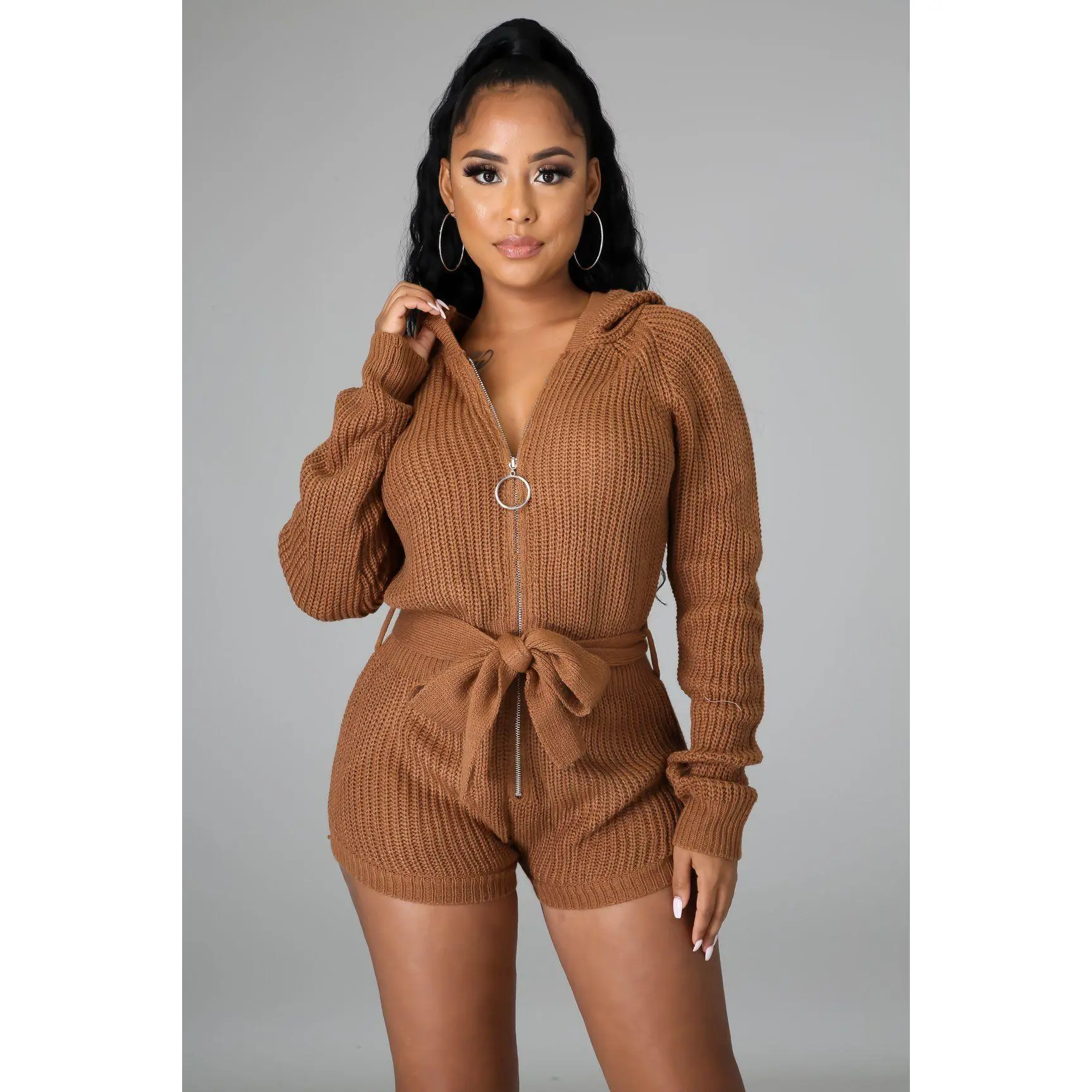 Mocha Long Sleeve Tie Waist Hoodie Romper