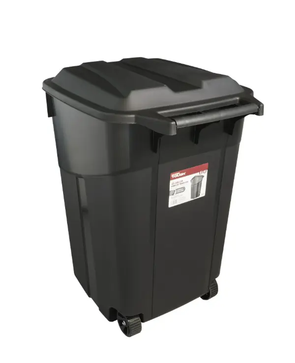 Hyper Tough 45 Gallon Wheeled Heavy Duty Plastic Garbage Can, Attached Lid, Black