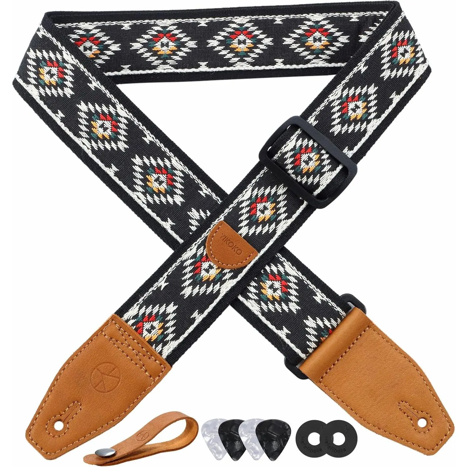 Guitar Strap 2 inch Embroidery Cotton Guitar Straps with Full Grain Leather End, for Bass, Electric and Acoustic Guitars, Free Strap Button, Strap Locks and Guitar Picks