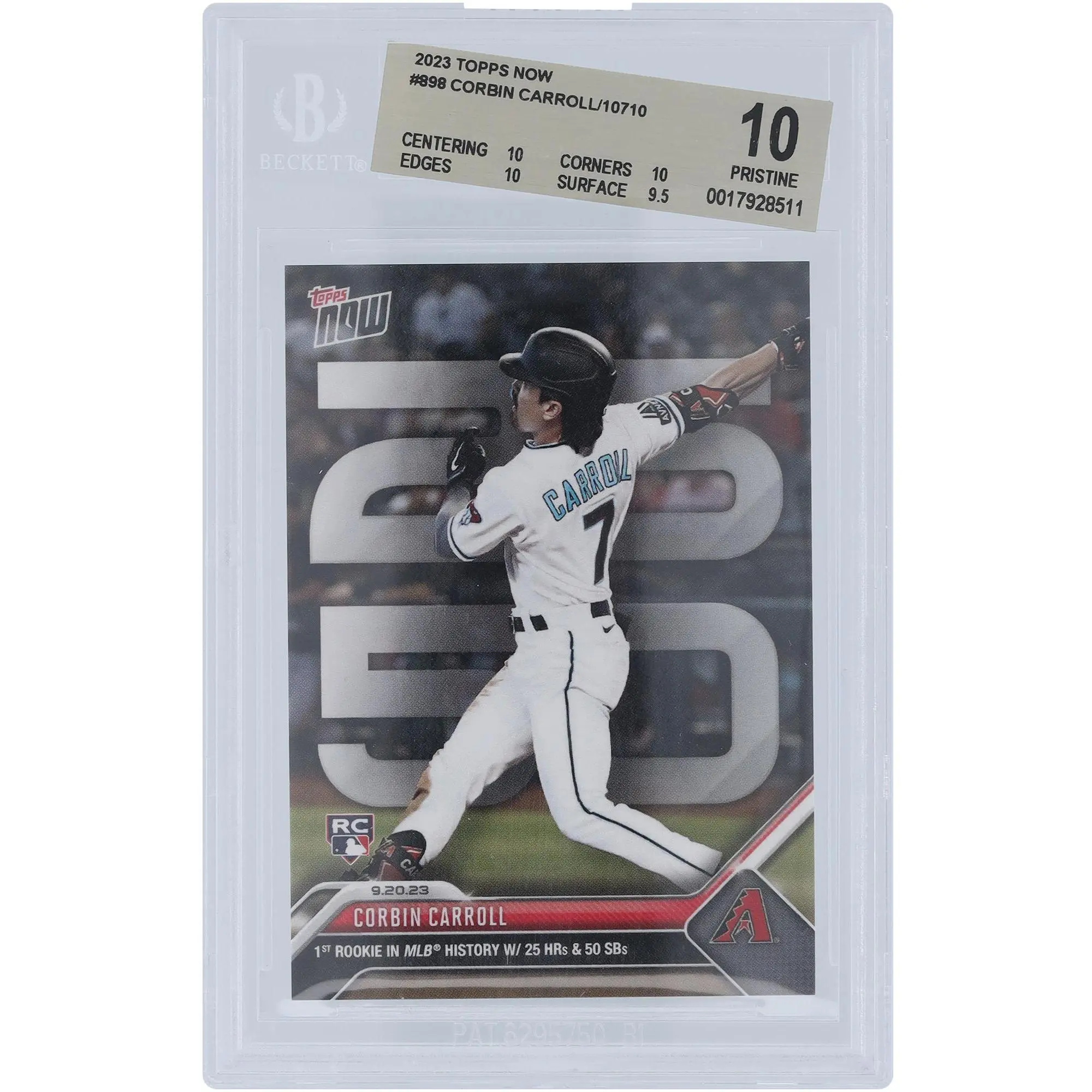 Corbin Carroll Arizona Diamondbacks 2023 Topps Now 1st Rookie in MLB History w/ 25 HRs & 50 Sbs 09.20.23 #898 BGS Authenticated 10 Rookie Card - 10,10,10,9.5 Subgrades