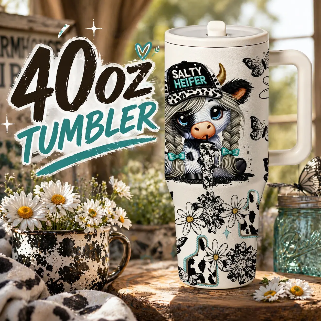 1 Pc 40oz Salty Heifer Cow Design Tumbler, Double Wall Vacuum Thermal Mug, Keeps Hot 12 Hours Cold 24 Hours, Leak Proof Large Capacity Travel Mug With Handle, Funny Gift For Women Men, Christmas Birthday Thanksgiving Holiday