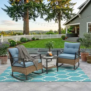 3-Piece Patio Rocking Chairs Set, Outdoor Wicker Rattan Bistro Set with Thick Blue Cushions and Side Table for Backyard, Front Porch, Garden