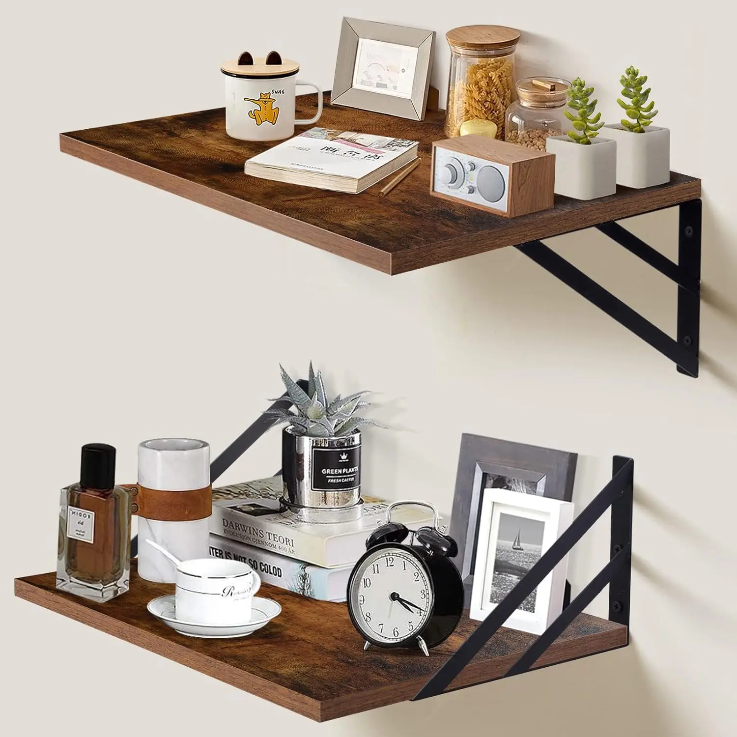 2-Piece Farmhouse Wooden Deep Floating Shelf Set, Wall-Mounted Home Supplies for Storage/Display, 16inW*12inD Brown, 40lb Capacity for Living/Kitchen Space-Saving Needs