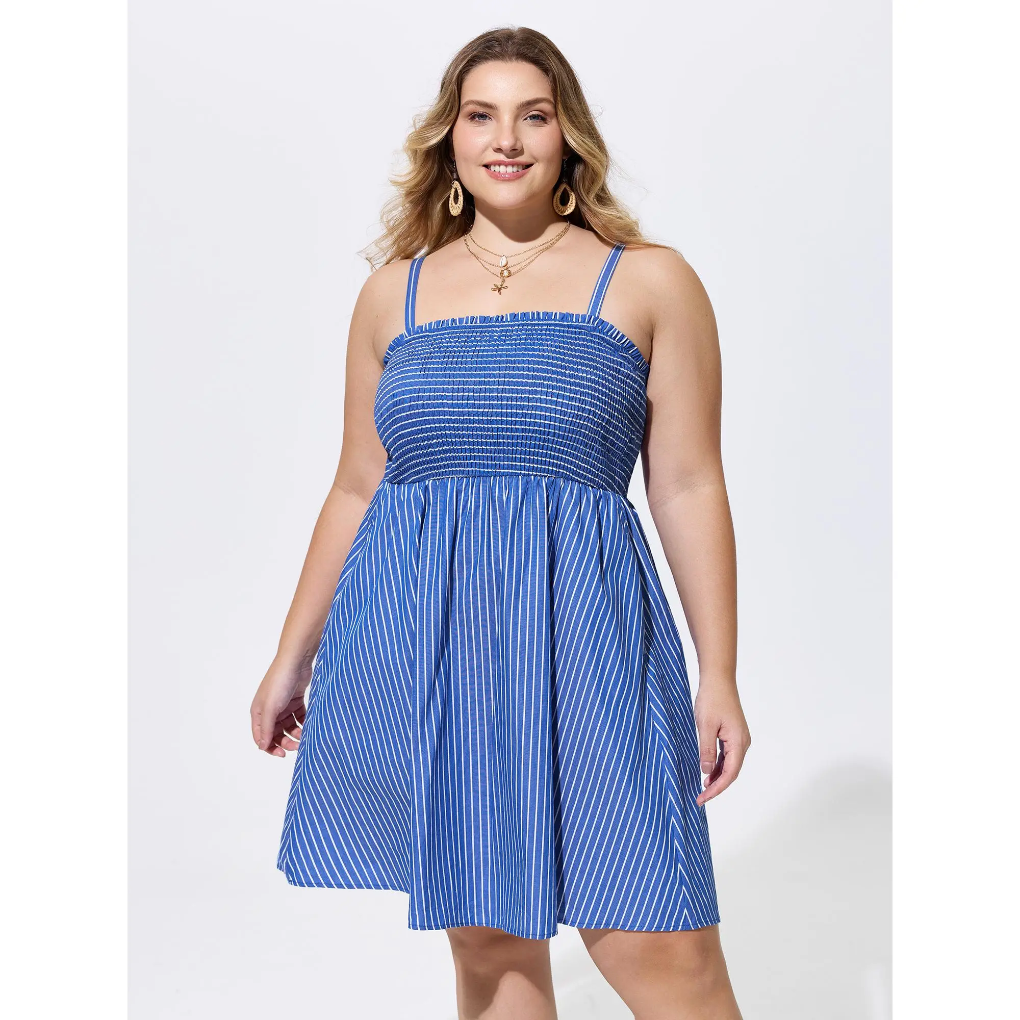 BloomChic Women's Curvy Plus Size Striped 100% Cotton Casual Sleeveless Pull-On Sundress - Square Neck, Smocked Bodice, Pockets, Resort Wear, Smooth Fabric, Cold Wash, Low Iron (Plus Size Women Clothing, Stripe Pattern)