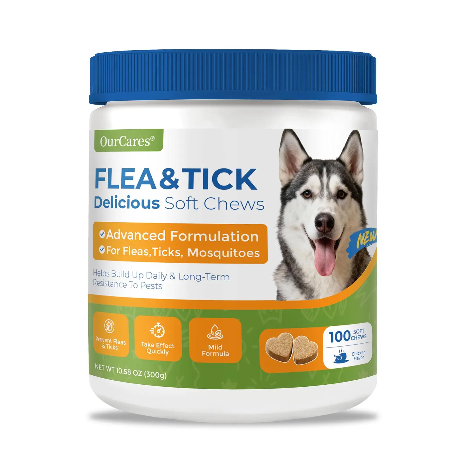 OURCARES Flea & Tick Prevention Soft Chew Treats for Dogs - 100 Count Chicken Bite Health Supplements, Plant-Based with Probiotics, Coconut Oil, Flaxseed, Fish Oil - All Breeds & Ages