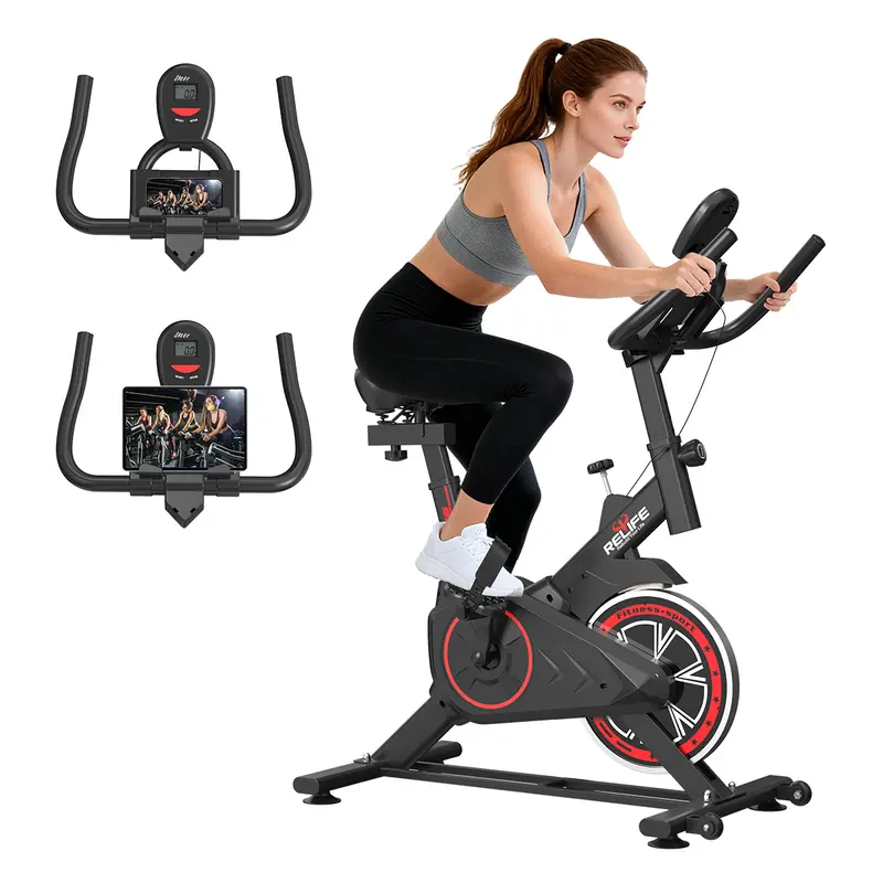 RELIFE Unisex Alloy Steel Stationary Indoor Cycle - Adjustable Speed Fitness Support Bike with 6-Level Adjustable Handlebars, Comfortable Seat, Silent Drive, LCD Monitor (Tracks Time/Speed), Electronic Tally Counter, 330 lbs Capacity for Home Cardio, Trac