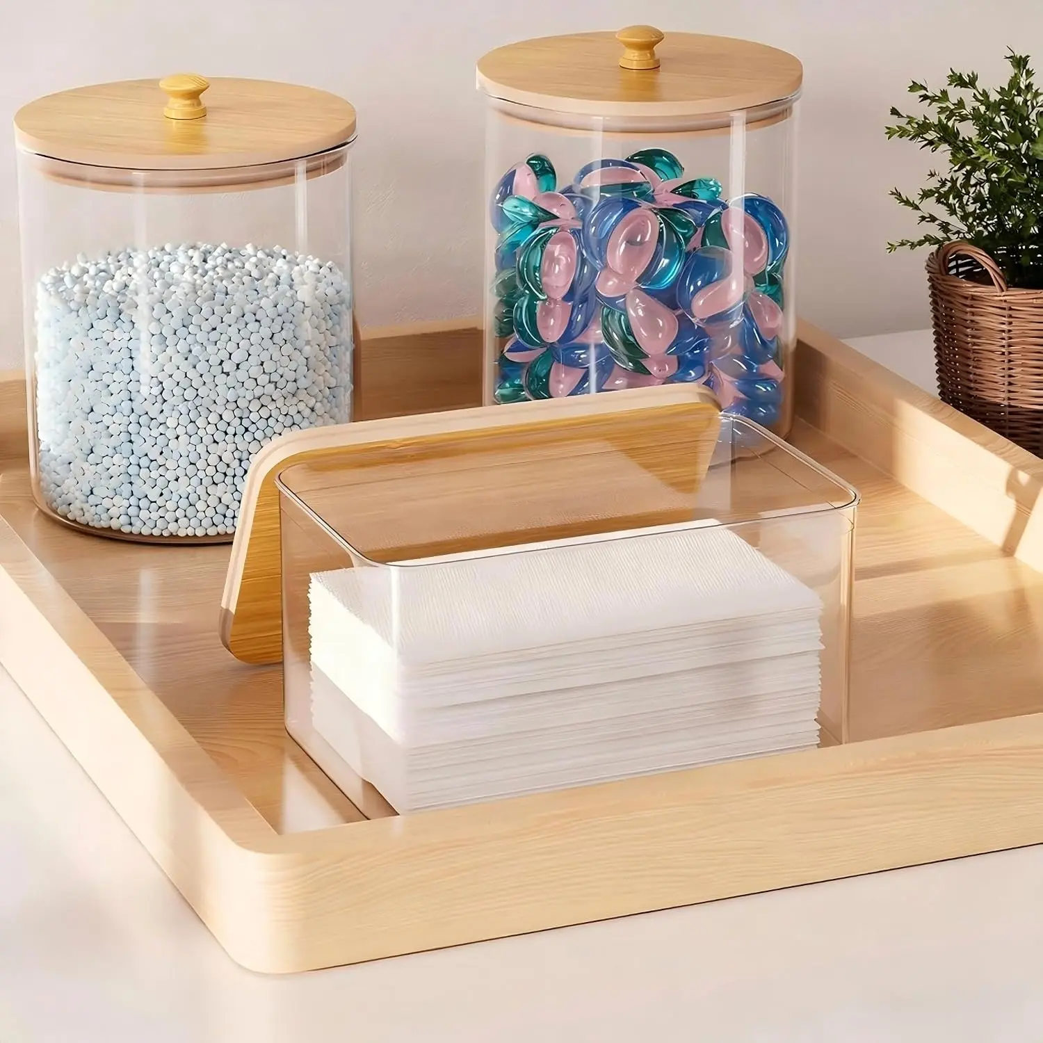 2+1 Pack Glass Laundry Pods Container & Acrylic Dryer Sheet Holder, Clear Laundry Room Organization Containers with Bamboo Lids & Labels, Powder...