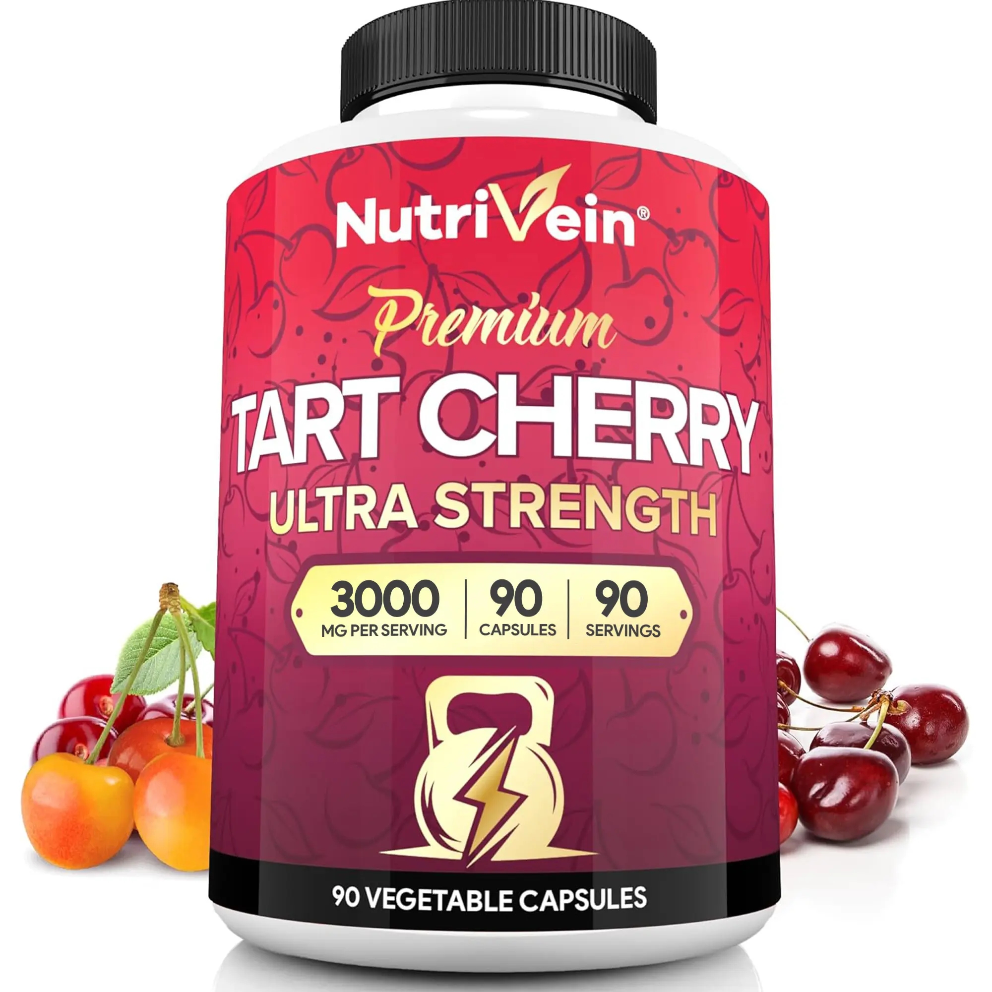 Nutrivein, Tart Cherry Capsules, Berry-Based Dietary Supplement, Plant Extract Formula, Natural Nutrition Support, 3000mg, 90 Vegan Capsules, 1 Capsule Daily