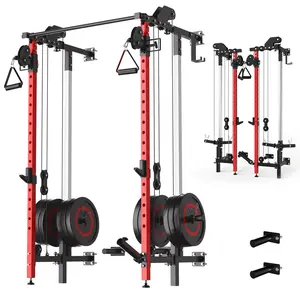 Folding Squat Rack, Wall Mounted Power Rack with Dual Independent Pulley System & Pull Up Bar, Multi-Function Power Cage with for Home Gym Space-Saving