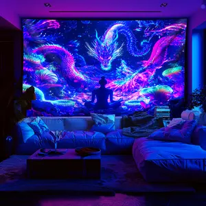 A Sacred Meditation Tapestry Featuring a Enormous Dragon Under Fluorescent Light - a Large-Sized Glow-In-The-Dark Printed Wall Hanging, Perfect for Bedroom Aesthetics, for party Celebrations, And Home Decor in Living Rooms, Offices, And Bedrooms