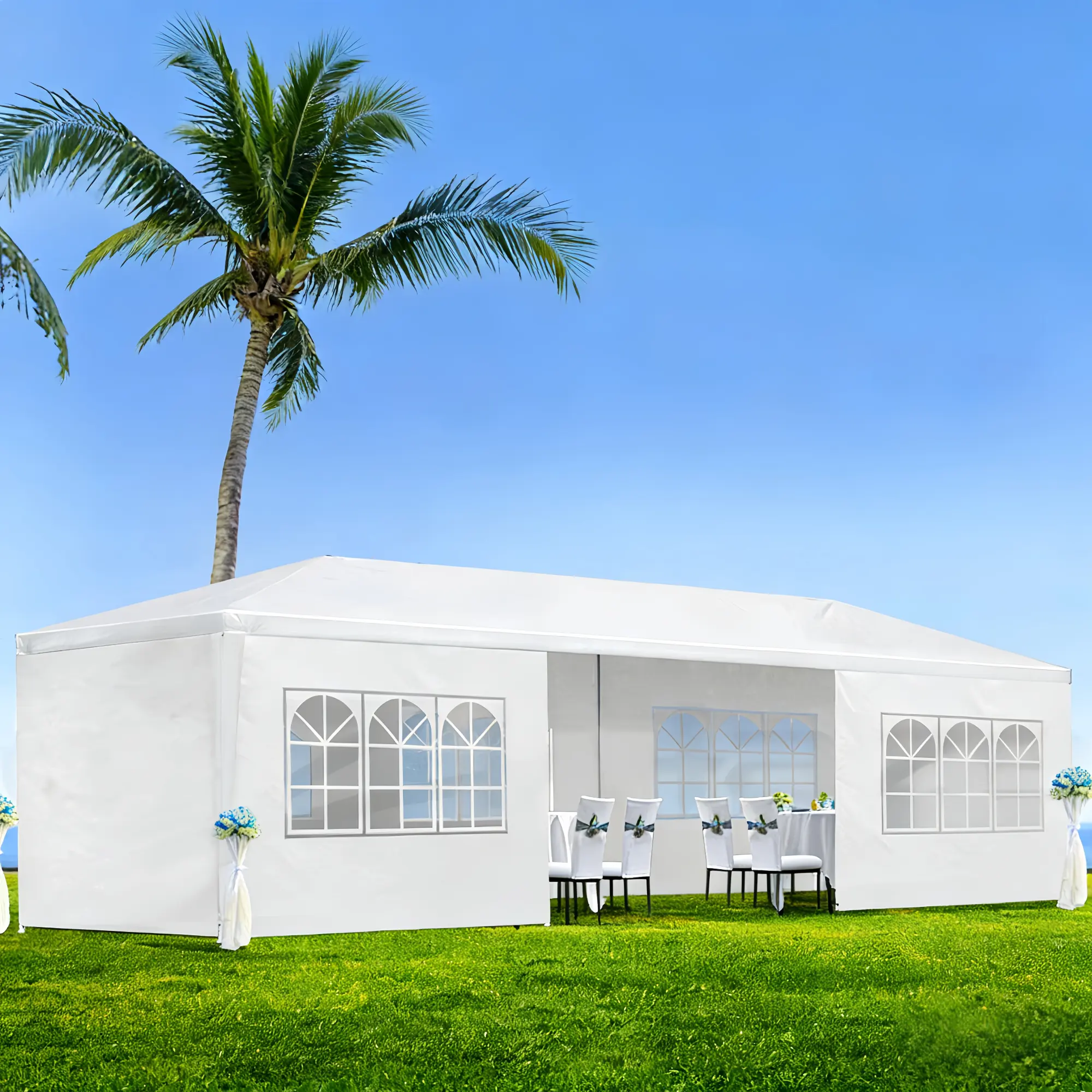 10x30 Rectangle Portable Sunshade Shelter - Outdoor Patio Gazebo Furniture, Metal Frame Protective Canopy Tent with 8 Removable Side Panels, Tool-Free Setup, Shade Cloth Sun Protection, Ideal for Weddings, Outdoor Events, Sturdy