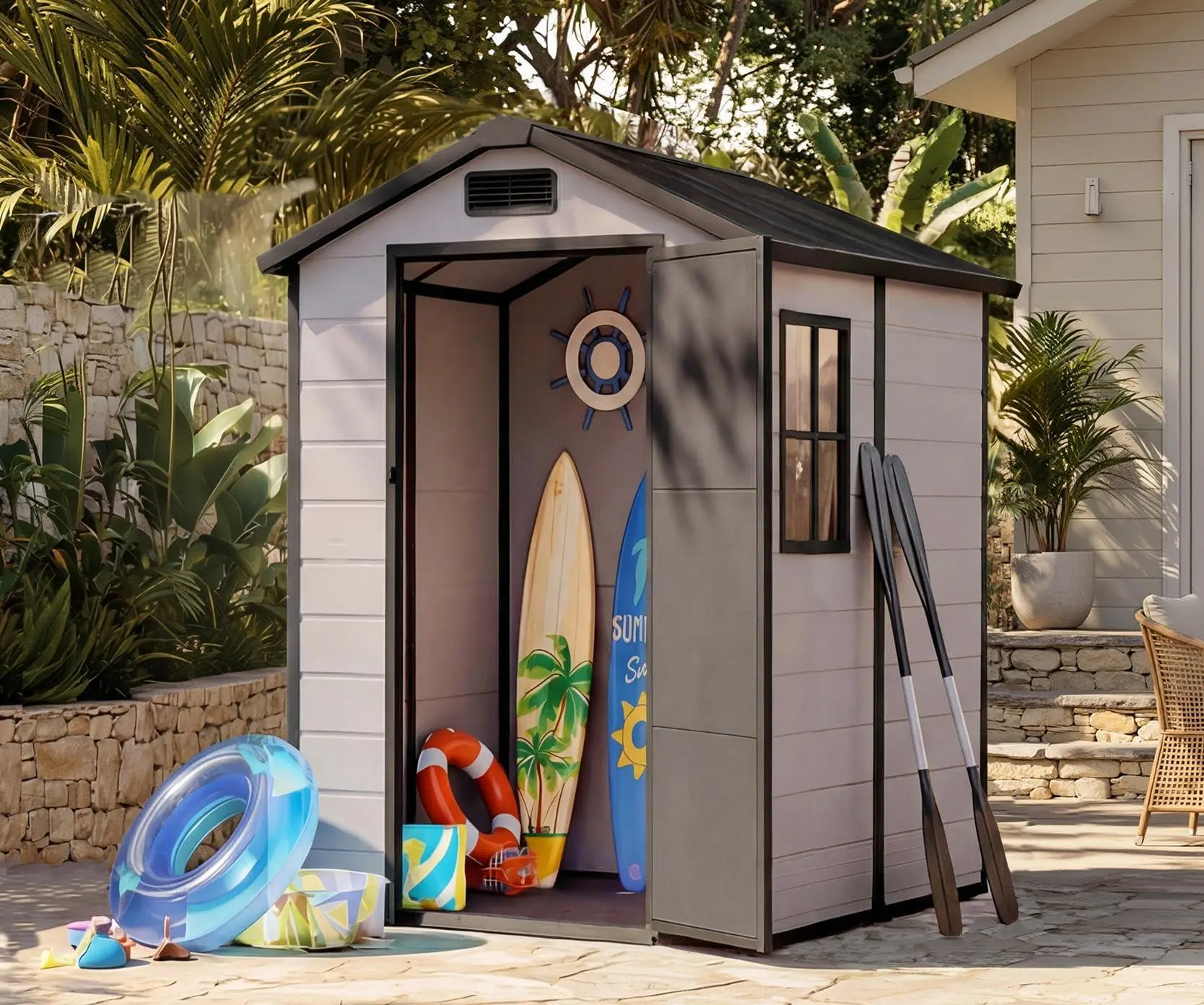 Gaomon 4x6 ft Waterproof Double-Wall Impact-Resistant Plastic Resin Outdoor Storage Shed with Sloped Roof, Reinforced Floor, Natural Light Window, Lockable Door, Easy Assembly for Patio, Garden Tool Storage, Versatile Storage Capacity, Long-Lasting Uv Pro