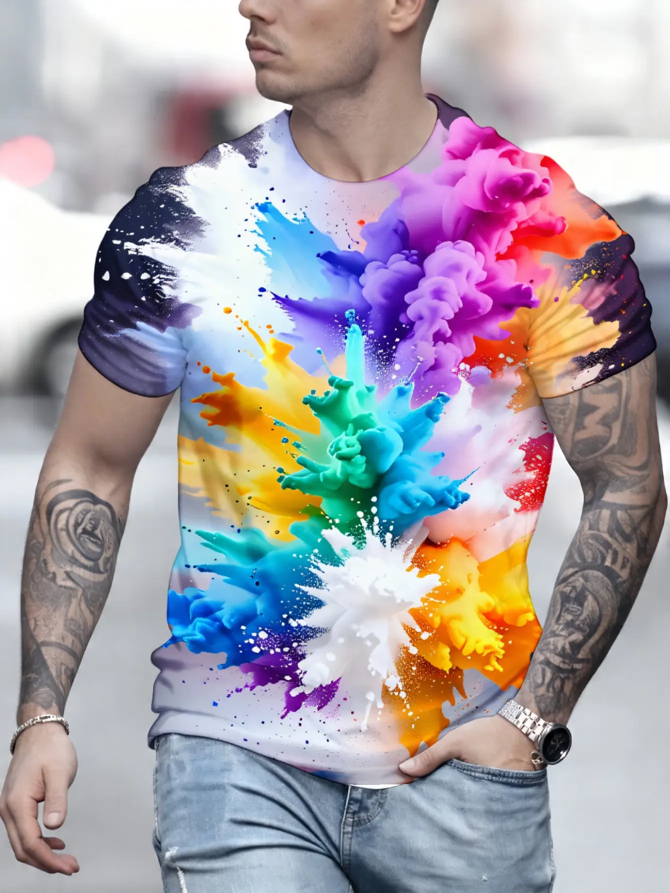 Men's Short-Sleeve 3D Print T-Shirt - Colorful Abstract Splash Artistic Pattern, 100% Polyester Stretch Fabric, Round Neck, Machine Washable, for Casual Wear, Party Events, Tshirt, Top, Shortsleeve