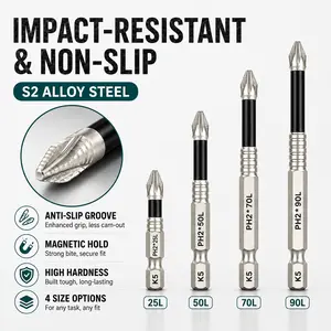 K5 PH2 Screwdriver Bits 4 Size Set 25L 50L 70L 90L S2 Alloy Steel Magnetic Tip Anti Slip Groove Hex Shank Power Drill Accessories Impact Resistant Durable Bit Set Repair Tools Woodworking DIY Home Improvement Fastener Driving Kit Drill Driver Bit Set