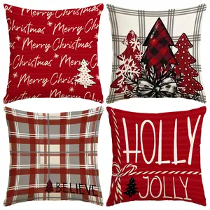4pcs Classic Red Grid Christmas Pillow Cover, Retro Grid Christmas Tree Pattern Cushion Cover, Christmas Faith Festival Joyful Printed Pillow Set, Winter Festival Home Sofa Decoration Washable Cushions (No Core)