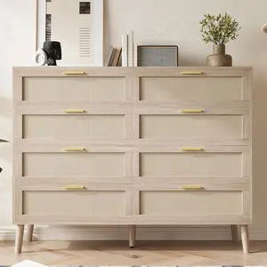Eight Drawer Rattan Dresser with Gold Handles for Bedroom and Living Room with Five Strong Legs and Removable Divider