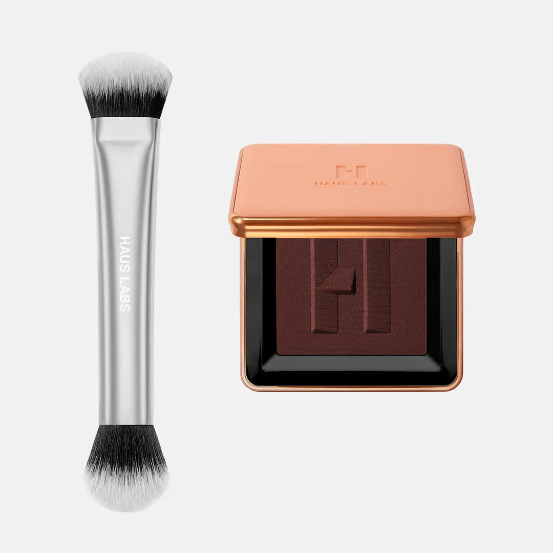 HAUS LABS Bronzer + Brush Duo | Power Sculpt Velvet Bronzer & Powder Brush Set - Talc-Free