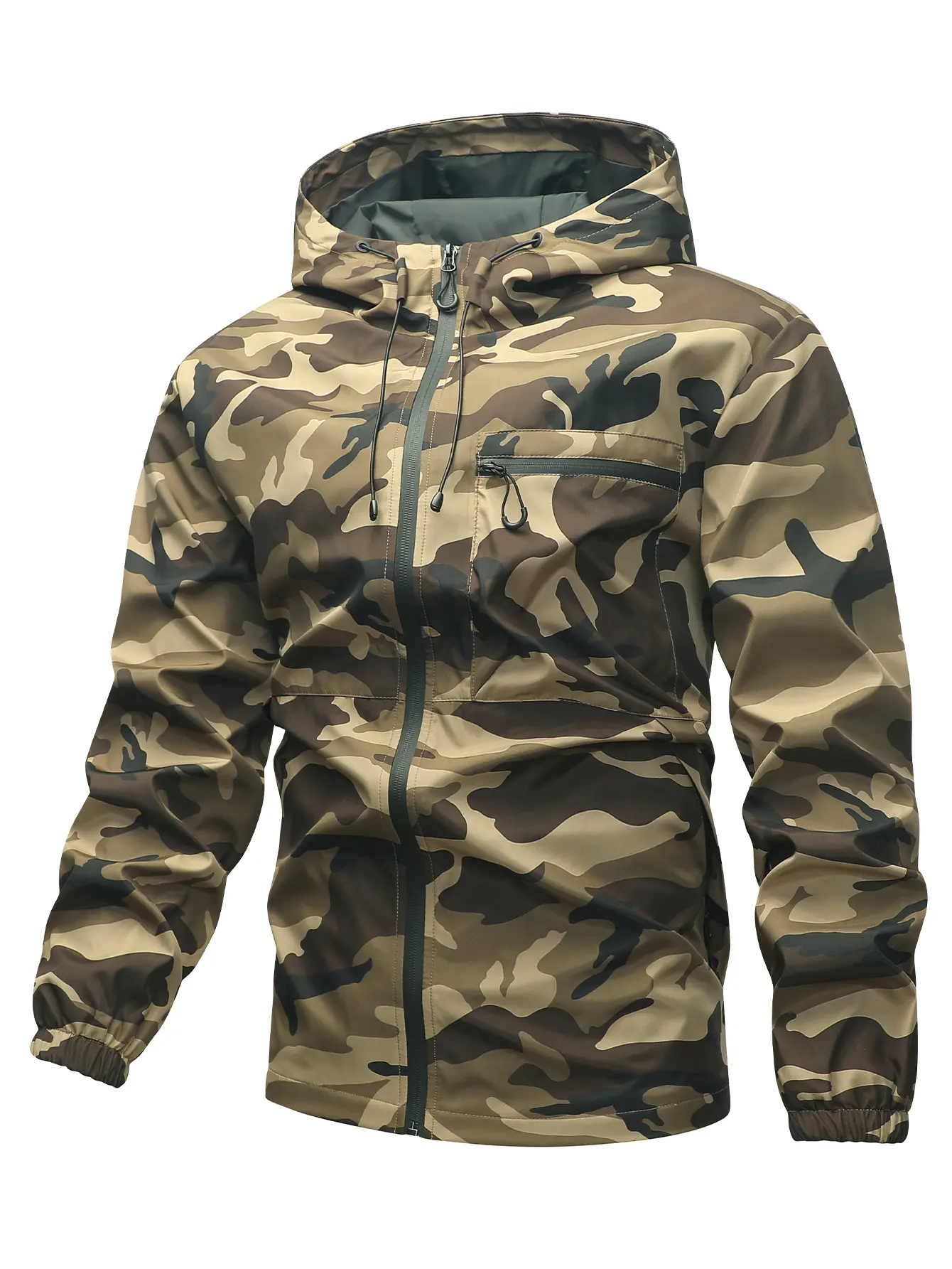 Men’s Outdoor Jungle Camouflage Waterproof Hooded Polyester Clothes Jacket - Full Zipper, Elastic Cuffs, Hiking & Hunting Outerwear